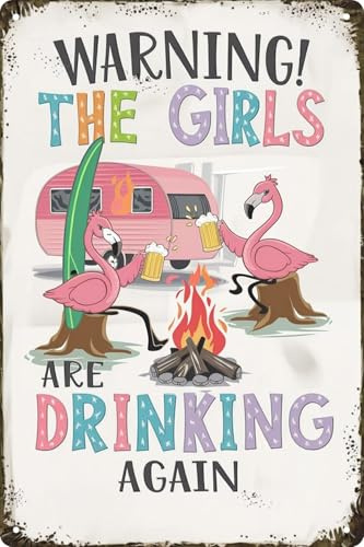 Aimlayton Flamingo Metallschild mit Aufschrift Girls Drinking, 20,3 x 30,5 cm, rund, tropisches Schild für Terrasse, Wanddekoration, Party-Geschenk