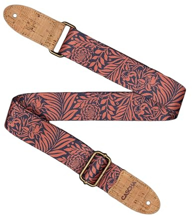 CASCHA Veganer Gitarrengurt Rose Jungle, 89-158 cm verstellbar, 5 cm breit, Polyester mit Korkenden