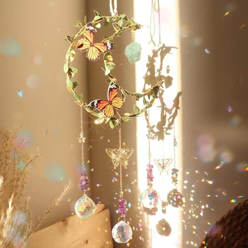 Sonnenfänger Kristall Fenster, Schmetterling Fensterdeko Hängend mit lila Kristallanhänger, Funkelnde Regenbogen Deko für Fenster, Garten & Innenbereich