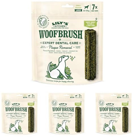 Lily's Kitchen Woofbrush Natürliche Leckerlis für ausgewachsene Hunde Zahnpflege-Kausnack - Großer Hund (1 Packung mit 7 Kausnacks - 47g) (Packung mit 4)