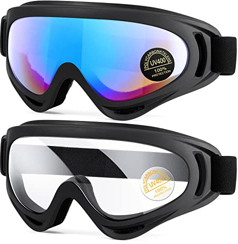 EasYoung Motorradbrille, 2 Stück, wasserdicht, Motocross für Reiten, Fahrrad, Dirt-Ski, ATV, Rennen, UV400 Brillen, gepolstert, weicher, dicker Schaumstoff, verstellbarer Riemen, geeignet für
