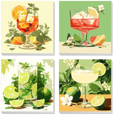 MXJSUA Cocktail Lot De 4 Kits De Peinture Par Numéros Avec Cadre Pour Adultes, Cocktail Peintures À L’Huile Acryliques Pour Décoration Maison 20x20cm