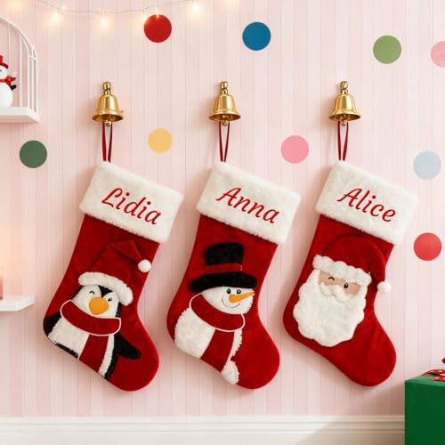 Media de Navidad Personalizada, Calcetín Rojo de Terciopelo, 1 Media | Con Nombre Bordado, Diseños de Papá Noel, Muñeco de Nieve y Pingüino, Decoración Familiar de 44 cm