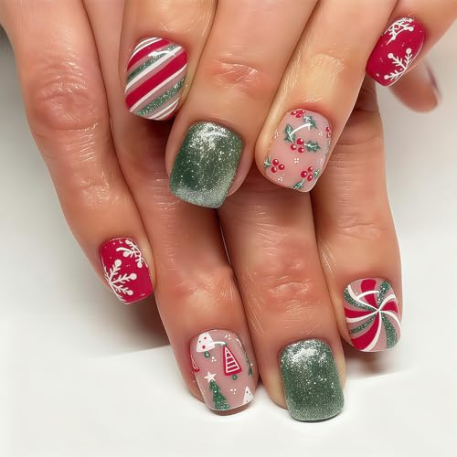 Auroriel 24 Pièces Vernis à Ongles Press-On avec Paillettes Vertes pour Sapin de Noël Court Carré Ongles Collants Flocon de Neige Blanc Faux Ongles Brillants Rayures Ongl