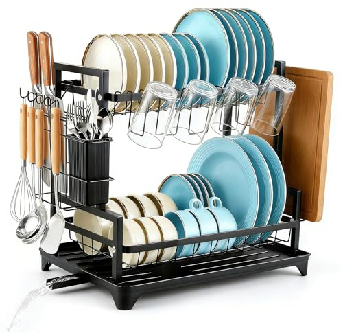 Escurridor de vajilla, escurreplatos de 2 Niveles, escurridor de Platos para encimera de Cocina, escurreplatos Acero Inoxidable,escurreplatos sobre Fregadero,con Salida giratoria de 360 Grados