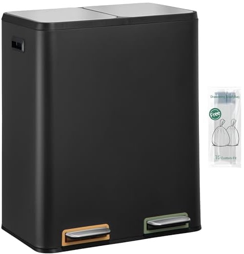 Hzuaneri Mülleimer Küche, Mülltrennsystem 2 Fächer 60L (2 x 30 L), Edelstahl-küchenmülleimer, Tretmülleimer mit Farbcodierbaren Pedalen, Abfalleimer Ruhiger Langsamer Abstieg, Schwarz SW23099B
