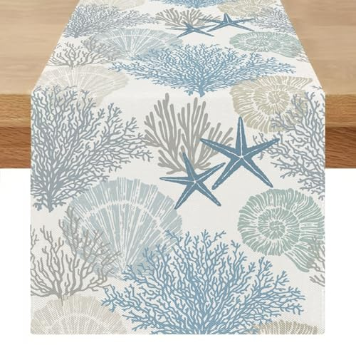 Miuyunya Tischläufer Blau Modern Abwaschbar Outdoor Sommer Tisch Läufer Natur 40 x 240 Lang Wetterfest Seestern Leinenoptik Frühling Tischdecke Küche Tischdeko für Hochzeit Party Dekor