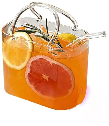 BOSENIYU 770 ml Trinkglas in Handtaschenform mit Strohhalm, einzigartige Handtaschen-Vase für Getränke, dekoratives Fischglas für Saft, Tee und Blumen. (1)