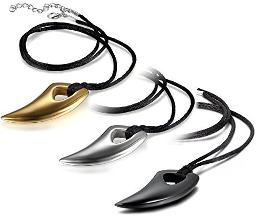 JewelryWe Schmuck 3pcs Herren Halskette, Edelstahl Wolfszahn Wolf Gebiss Zahn Anhänger mit verstellbare Kette, Schwarz Silber Gold