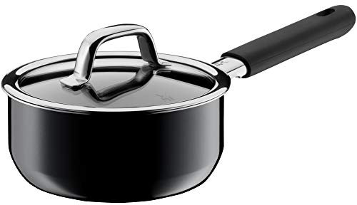WMF Fusiontec Mineral Stielkasserolle mit Glasdeckel 16 cm, Kochtopf klein 1,3l, Induktion, High-Tech Keramik, Silikonhülle, kratzfest, schwarz
