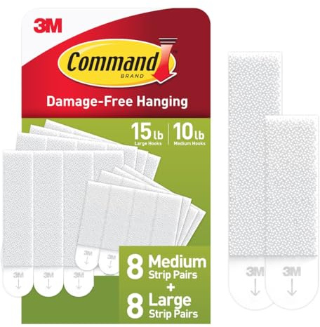 Command 15 lb & 10 lb Large and Medium 16 Pairs Picture Hanging Strips (32 Strips), Damage-Free Hangers for Picture Frames, No Tools Required, Great for Home Room Wall Decor, White Adhesive