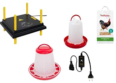 BVT Küken - Wärmeplatte 25 x 25 cm Set: 12 mit Leistungsregler + Futtersilo+ Tränke + 5 kg Kükenstarter
