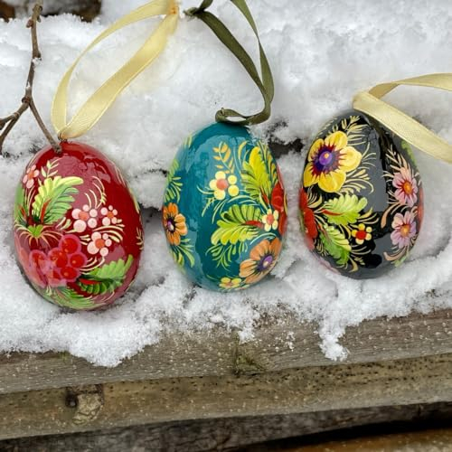 Ukrainische handbemalte bunte Ostereier aus Holz zum Aufhängen - 3 St Set Pysanky Traditionelle Ostereier mit Blumenmuster