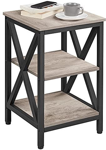 Yaheetech Tavolino Laterale 40 x 40 x 62 cm, Comodino Industriale Struttura a X, Tavolino Lato in Acciaio a 2 Ripiani per Soggiorno, Tavolo da Caffè da, Scaffale in Legno e Metallo Stabile Grigio