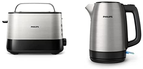 Philips Tostapane - 2 Fette, 7 impostazioni, Scongelamento e Scalda Brioche Integrato, Leva di Sollevamento + Philips Bollitore Elettrico - 1,7 L, Coperchio a Molla, Spia Luminosa, in Acciaio Inox