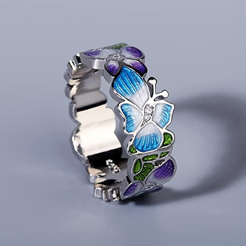 Exquisiter Damenring aus 925er Silber, handgefertigt, Emaille, blau, Tropfenöl, Schmetterling, Blume, Ring, Schmuck, Luxus, Partyschmuck, Damen
