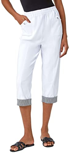 Roman Cropped Stretch Trouser for Women UK - Ladies Capri Pants Summer Leggings 3/4 Three Quarter Pedal Pusher Elasticated Waist Cut Off Contrast Detail Pull On Work - White - Size 10
