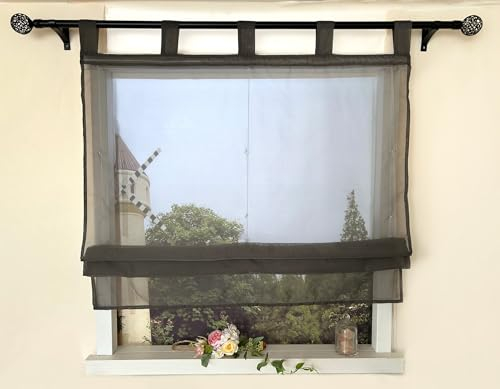 Devola Raffrollo Einfarbig Schlaufenrollo Modern Raffgardine Transparent Küchen Gardinen Voile Gardinen Kurz HxB 140x100cm Dunkelgrau 1 Stück