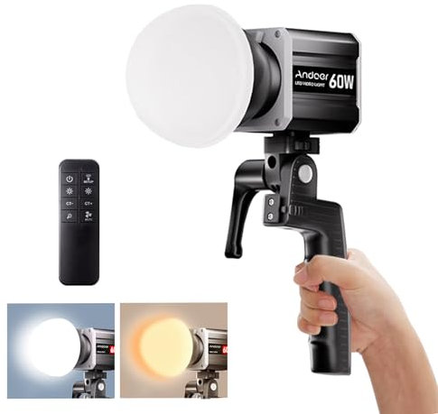 Andoer Tri-Color LED COB Video Light 60W Photography 2800K-6800K Dimmable LCD Screen 9 FX Special Effects Fan Control System with Reflector Handle & Remote for Live Streaming Home Studio Comercial
