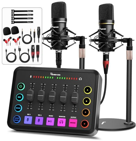 Podcast Equipment Bundle für 2, Audio-Schnittstelle mit XLR-Kondensatormikrofon und 3,5-mm-Mikrofon, RGB, Stummschaltung, 48 V Phantomspeisung für Streaming, Gaming, Aufnahme, Schwarz (H1)