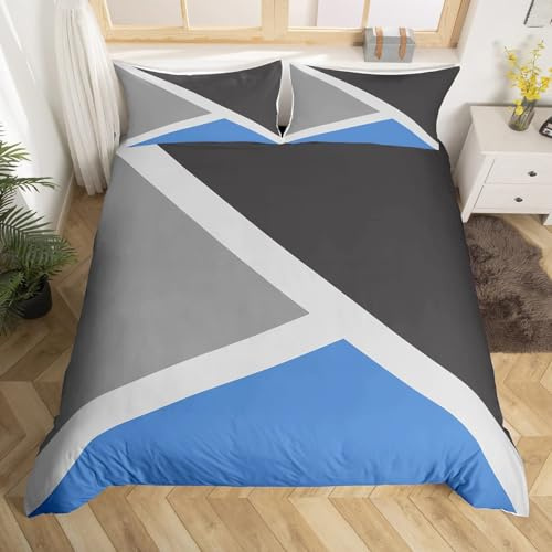Homewish Geometric Triangle Duvet Cover Set with 2 Pillowcases - Super King Size, 100% Soft & Breathable Polyester, Zip Closure - Blue Gray Bedding - Modern Simple Pattern with Black Reverse