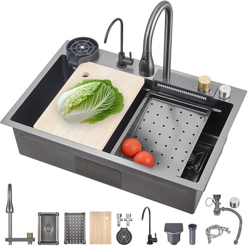 Fregadero de cocina nano gris oscuro, fregadero de cocina multifuncional de acero inoxidable 304, fregadero de cocina multifuncional con accesorios de fregadero (26.8 x 17.7 pulgadas)
