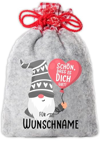Nikolaussäckchen/Weihnachtssäckchen personalisiert mit Wunsch-Namen und romantischem Wichtel Motive für Erwachsene. Größe 12 x 20 cm