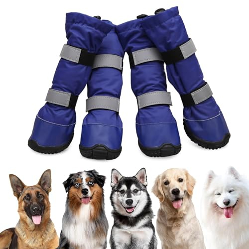 YPDOPORA 4 Pezzi Stivali da Pioggia per Cani Stivali Riflettenti, Stivali da Pioggia per Cani Impermeabili Scarpe da Neve per Cani con Pile Caldo, Cinghie Riflettenti E Suola Antiscivolo,Blu,L