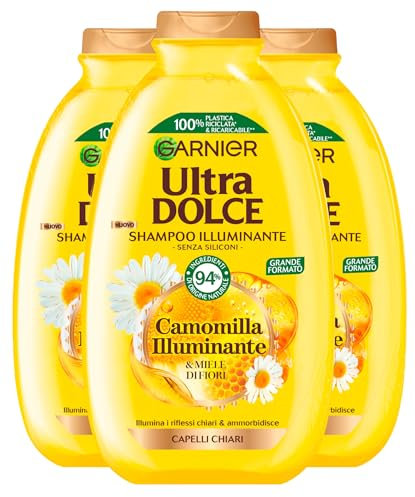 Garnier Ultra Dolce Shampoo Camomilla Illuminante Ammorbidente per Capelli Chiari o Riflessi Chiari con Miele di Fiori Idratante Protettivo Ingredienti 94% di Origine Naturale - 3 Flaconi da 400ml