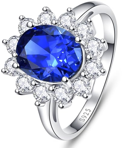 Yaresul Damen Ringe Silber 925 Saphir Ringe Ovaler Schliff Ringe Frauen Solitär Tansanit Ringe mit Halo Cubic Zirconia Inspired von Prinzessin Diana's Verlobungsring Damen Größe 52(16.6)