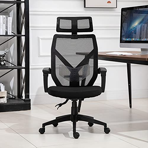 Bürostuhl mit Netzrücken, Heimarbeit, ergonomisch, mit Kopfstütze, schwarz