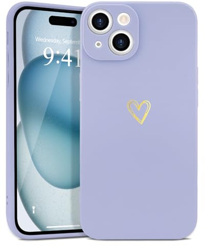 Wirvyuer Compatible with iPhone 15 Case Cute Heart Pattern Protective Shockproof Soft Slim Silicone Phone Case for Women Girls,Lilac Purple