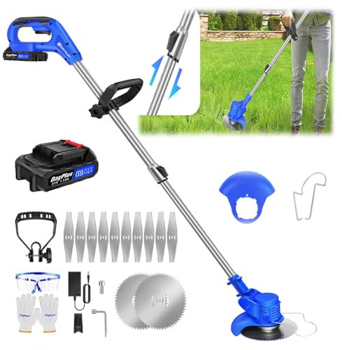 Strimmer Cordless Grass Trimmer Garden Strimmer Cordless with Metal Blades, Lightweight Electric Strimmer for Garden Clearing Weeds, Electric Edger Brush Cutter with Battery and Fast Charger