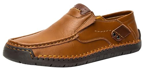 Chaussures décontractées en cuir pour homme – Large largeur à bout rond – Chaussures en cuir confortables sans lacets – Chaussures bateau sans lacets faciles à mettre et à enlever – Semelle