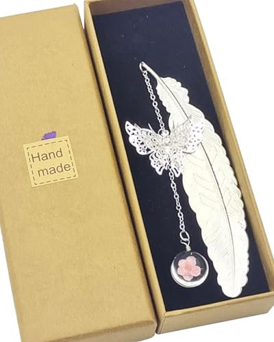 AORHOFJ Lesezeichen, lesezeichen personalisiert，Feder, Metall, Schmetterling, Blume, trocken, ewig, Glasperlen, Anhänger, Geschenk für Studenten, Leser, Kinder und Erwachsene, 1 Stück