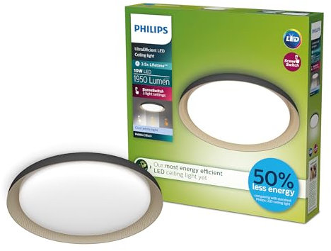 Philips Pebblo UltraEfficient LED Deckenleuchte, SceneSwitch, Schwarz, 10W, 1950Lm, 4000K, IP20, kühlweißes Licht, 3 Lichteinstellungen