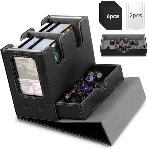 TiMOVO MTG Commander Deckbox für TCG CCG Magic Karten, Schwarz+Grau | Commander Display & Würfelschale, Platz für 400+ ungesleeved Karten, Leder-Magnetisches Aufbewahrungs-Case, 6 Trennwände
