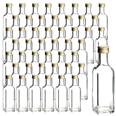 gouveo Lot de 48 bouteilles en verre 100 ml Maraska avec bouchon à vis doré - Petite bouteille 0,1 l à remplir - Bouteille carrée vide pour liqueur, huile (MFET100G)