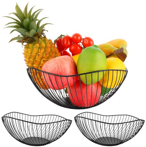 LOPYXBR Frutero de metal, 3 unidades, color negro, 25,5 x 8 cm, frutero moderno, cesta de fruta con diseño ondulado para frutas, verduras, objetos pequeños, decoración