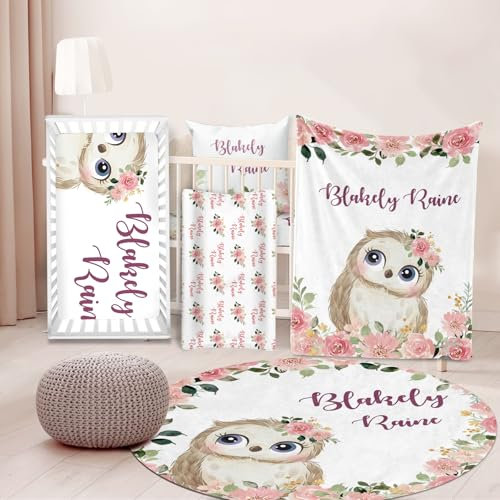 ZOTIMEF Personalisiertes Babybettwäsche-Set 5tlg, Eulen-Design mit Individuellem Namen Kinderbettwäsche, Weich Decke, Laken, Kissenbezug, Wickelauflage, Teppich für Neugeborene Geschenke Farbe17