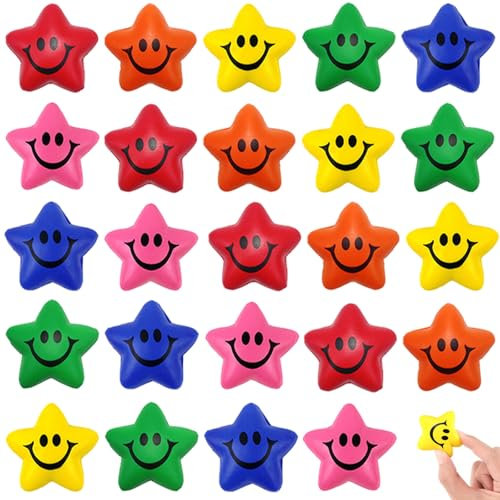 24 Stück Stern Lächeln Gesicht Stressbälle, 5cm Sternform Antistressball für Kinder Erwachsene Lächeln Gesicht Mini Stressabbau Bälle Spielzeug für Schule Belohnung Student Party Tasche Füllstoffe