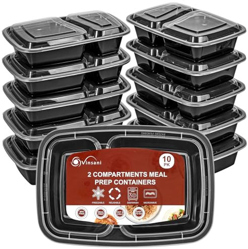 Vinsani 2 Compartment Meal Prep Containers – 10/20/30 Pack 30oz BPA-Free Reusable Plastic Food Storage Trays with Lids, Stackable Bento Lunch Boxes – Microwave, Freezer & Dishwasher Safe (30 Pack)