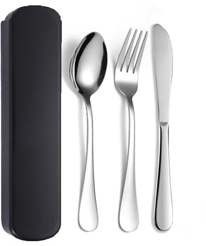 JIEYUCHU Couverts de Camping, 3 Set de Couverts en Inox, Ensemble de Couverts Lunch Box, Lavable au Lave Vaisselle, pour Pique-Nique, Voyage, École, Bureau (Noir)