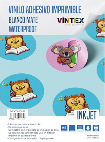 Vintex Vinilo Adhesivo Imprimible A4, Blanco Mate, Resistente al Agua, Compatible con Impresora Inkjet - 6 unidades