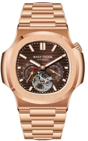 REEF TIGER RGA20S7 Montre carrée en or rose pour homme avec bracelet mécanique 24 heures Tourbillon étanche automatique, RGA20S7-PGP, Mécanique, remontage automatique, montre automatique