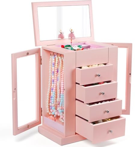 Emfogoo 5 Livelli Portagioie Bambina, Porta Gioie Bambina con la Ballerina Che Gira, Portagioie Carillon Bambina Legno, per le Bambine, Natale, Festa dei Bambini, Compleanno, Capodanno, Regalo (Rosa)