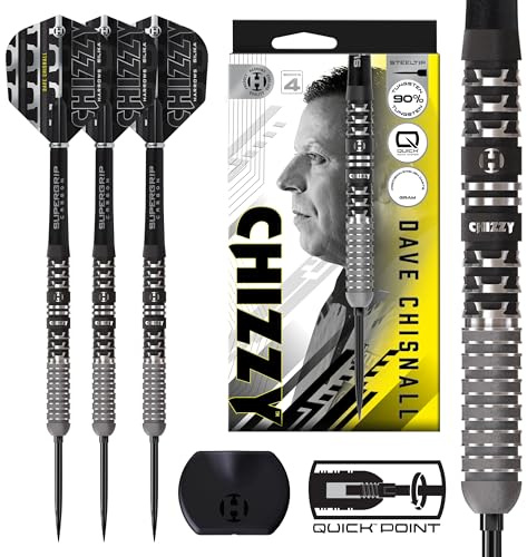 Harrows Chizzy 90% Tungsten Darts Series 4, Steel Tip Darts Set With Quick Point System Available in 22g, 23g, 24g & 26g With Quick Point Tool, Black Supergrip Carbon Shafts & Silica Flights