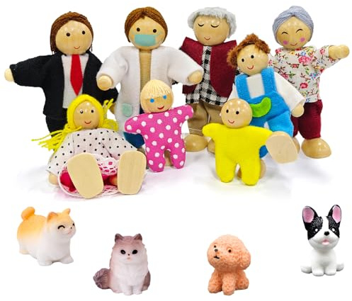 Ruikdly Hölzerne Puppenhaus Puppen - 13 Stück Holz Familie Set mit Katze und Hund, Figuren Biegepuppen für Zubehör Geschenk