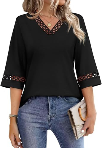 WIHOLL Womens Tops Dressy Casual Summer Spring Outfits for Women 2026 Trendy 3/4 Sleeve V Neck Lace Blouse Business Casual Work Shirts Cute Fashion Clothing Beach Vacation Clothes Black XL