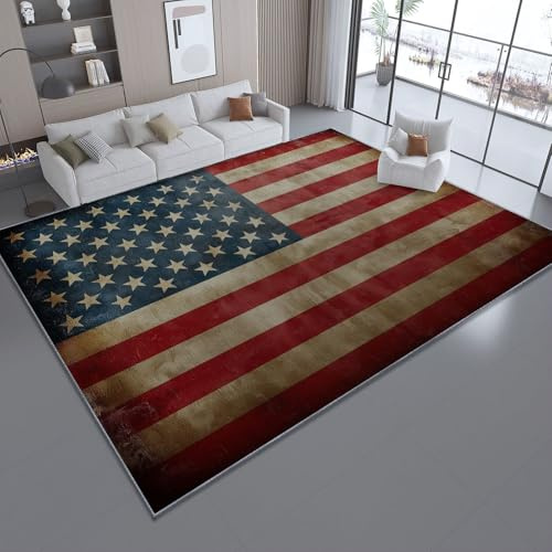 Kurzflor Teppich Wohnzimmer – 60 x 120 cm Blau Rot, Waschbar & rutschfest, Vintage Amerikanische Flagge Design, Pflegeleicht und Weich, Ideal für Schlafzimmer, Esszimmer und als Küchenteppich